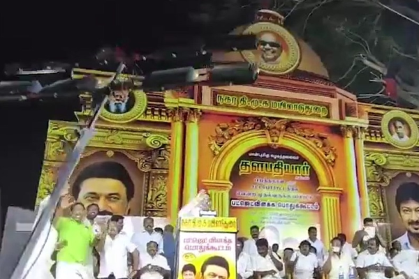 DMK MP A Raja’s close shave as light post crashes on stage during his address, video surfaces