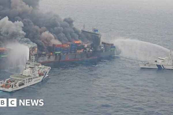 Four crew members missing as Singapore cargo ship burns off India coast