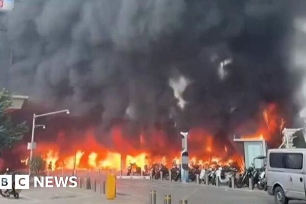 Large fire breaks out at motorcycle parking lot in China